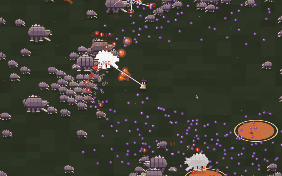 Kingswarm pre-alpha gameplay: a beam weapon fires into a swarm while purple gems litter the field
