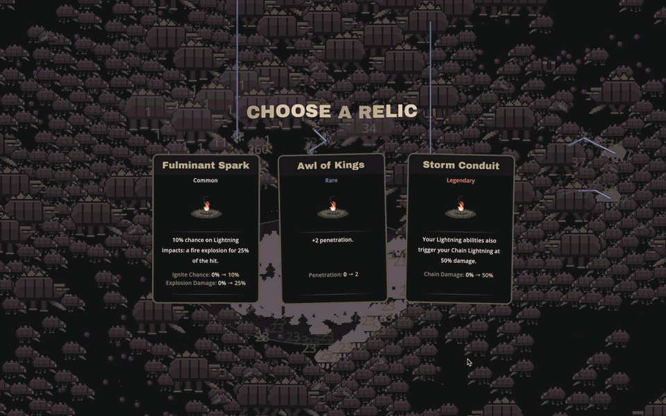 Kingswarm pre-alpha gameplay: the Choose a Relic screen offering three relics while the swarm waits behind it